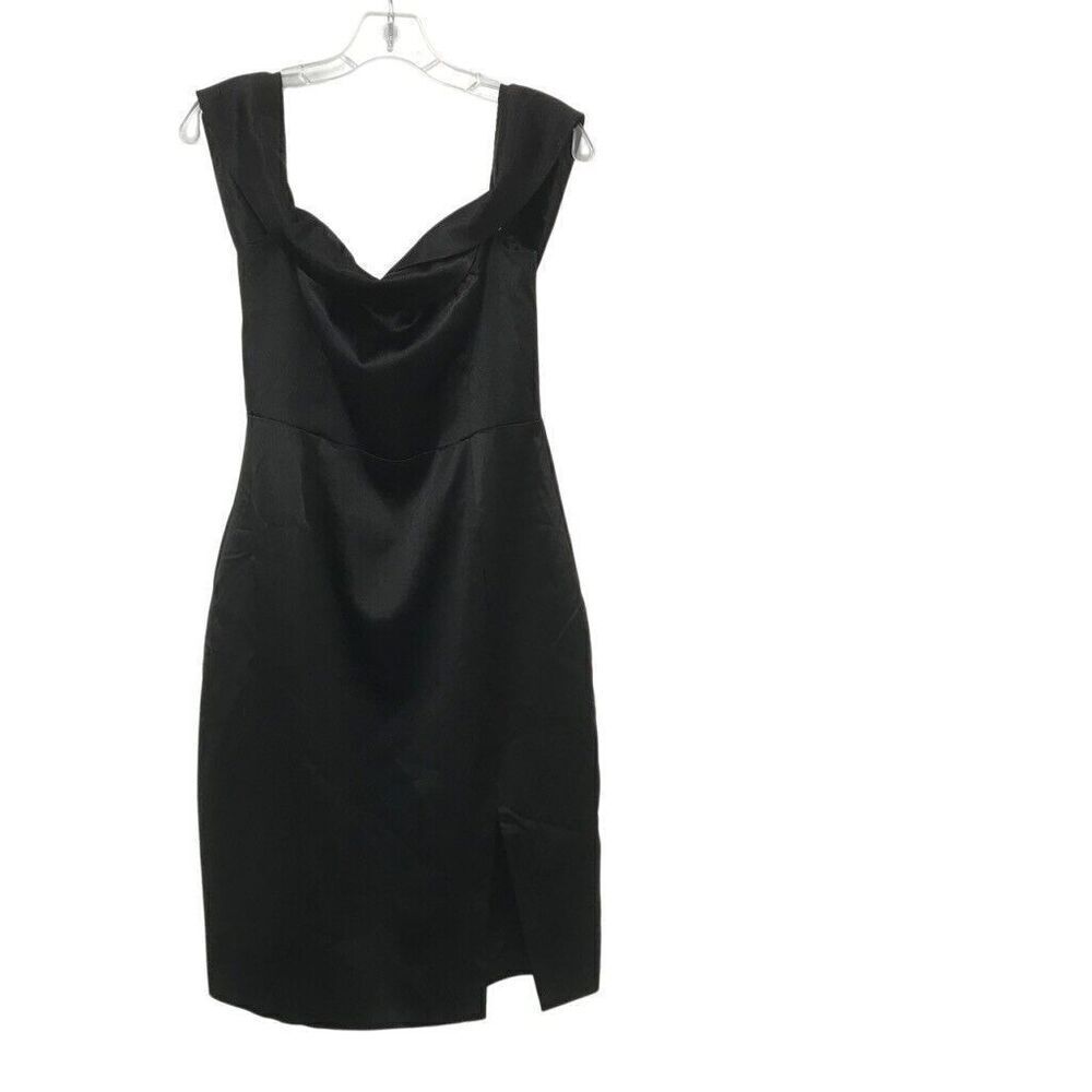 Lulus Classic Glam Off The Shoulder Bodycon Dress Medium Black Satin Side Slit